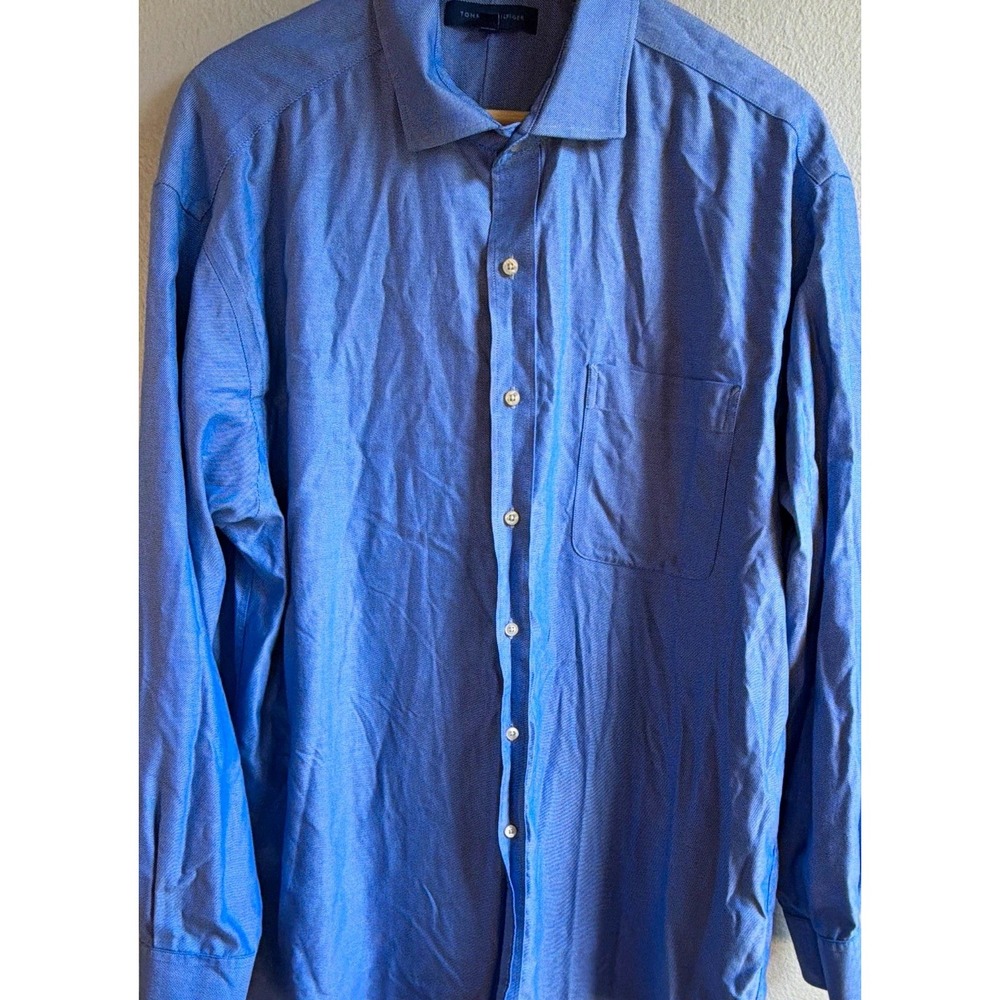 Tommy Hilfiger Men's 17 34-35 Blue Striped Regular Fit Cotton Dress Shirt